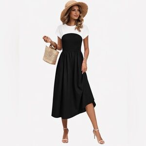 Wenrine Womens Casual Summer Midi Dress Smocked Cap Sleeve Crew Neck Block s